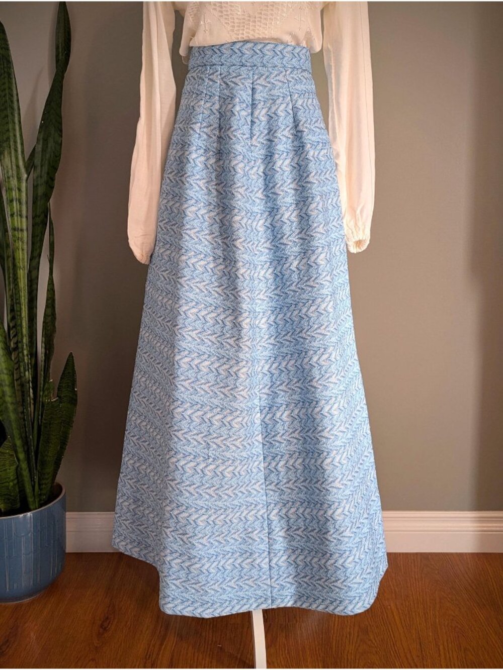 1970's Light Blue Chevron Maxi Skirt - Women's Size S